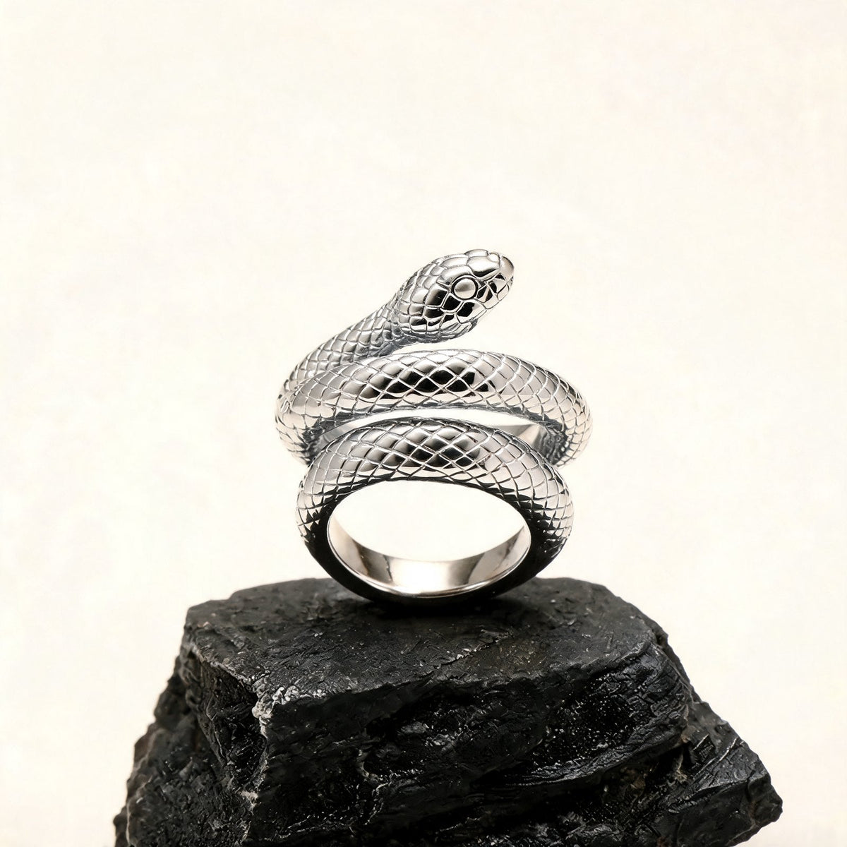 The Coil Ring in silver on black stone